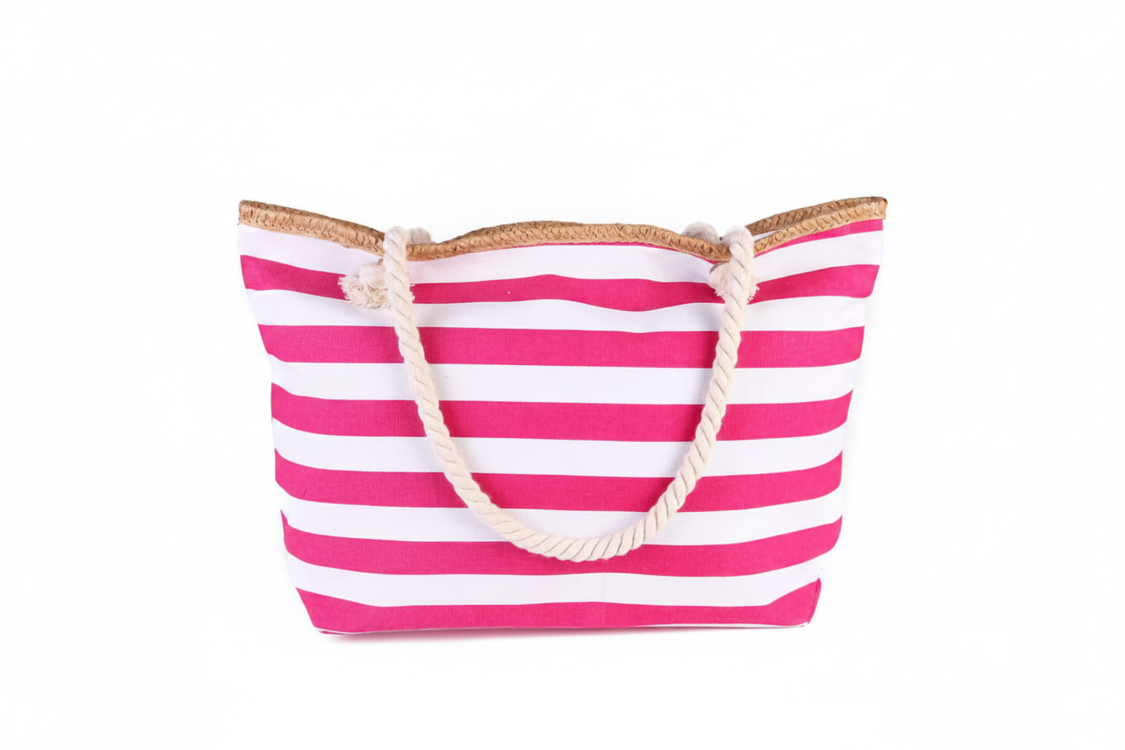 Pink Striped Beach Bag - Background Removed